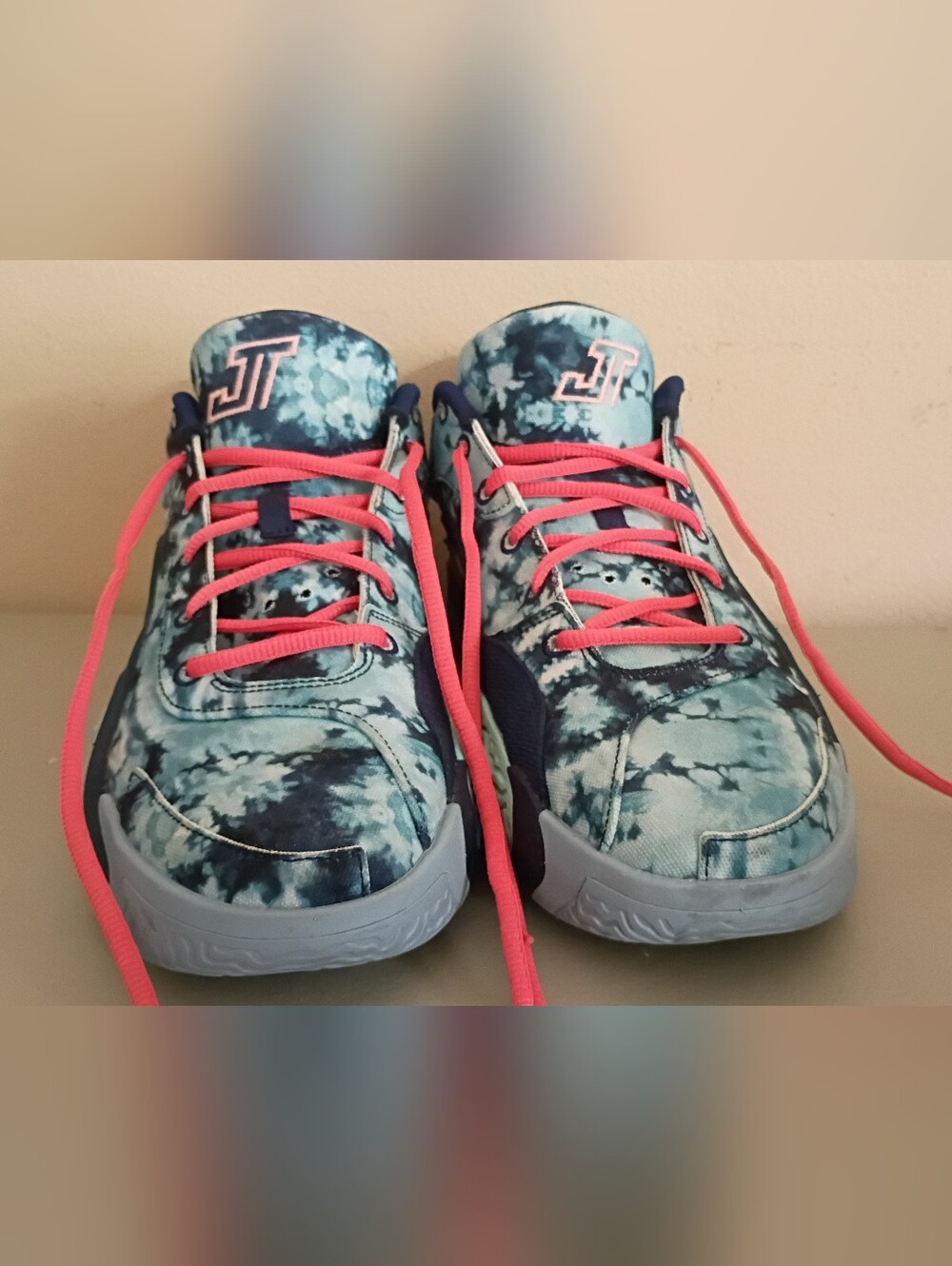 Jordan Tie-Dye Blue Teal Sneakers with Pink Laces - Picture 3 of 5